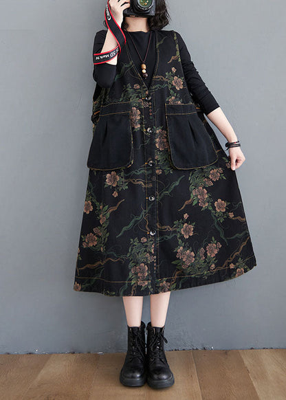 Figurbetonte schwarze Weste mit V-Ausschnitt, Knopftaschen und Print, ärmellos, für den Herbst