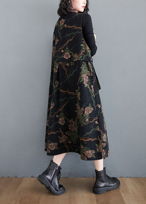 Figurbetonte schwarze Weste mit V-Ausschnitt, Knopftaschen und Print, ärmellos, für den Herbst