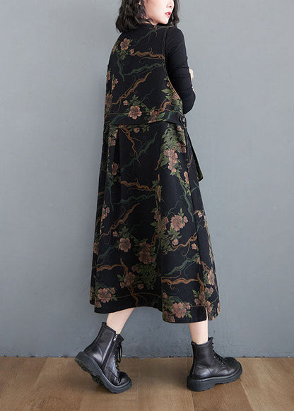 Figurbetonte schwarze Weste mit V-Ausschnitt, Knopftaschen und Print, ärmellos, für den Herbst