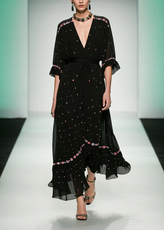 Fitted Black V Neck Print Tulle Long Dresses Summer