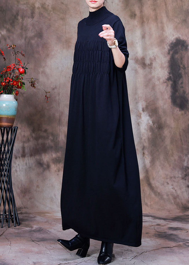 Taillierte schwarze, faltige Rollkragen-Strick-Feiertagskleider für den Frühling