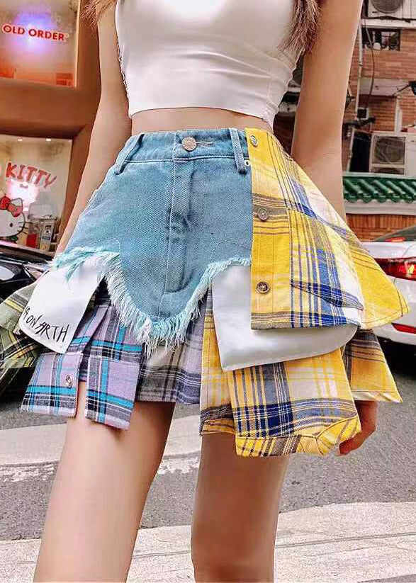 Fitted Blue Asymmetrical Patchwork Denim Skirts Summer