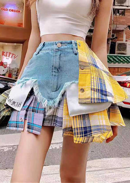 Fitted Blue Asymmetrical Patchwork Denim Skirts Summer