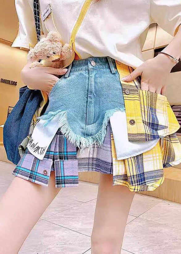 Fitted Blue Asymmetrical Patchwork Denim Skirts Summer