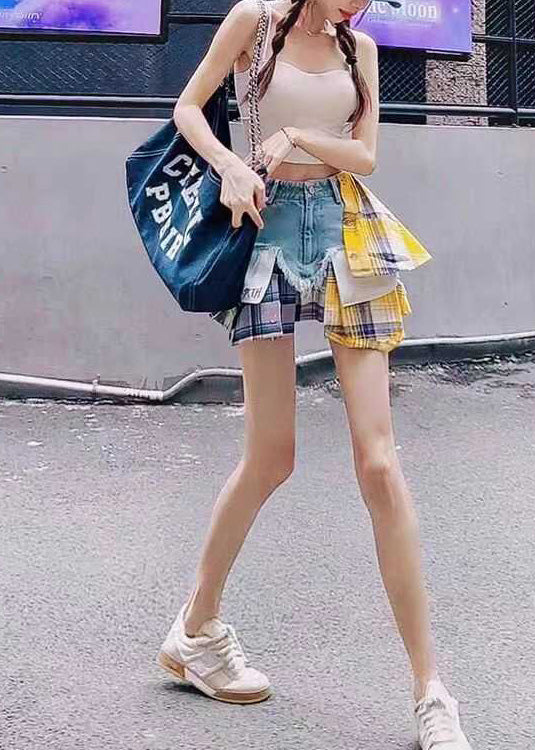 Fitted Blue Asymmetrical Patchwork Denim Skirts Summer