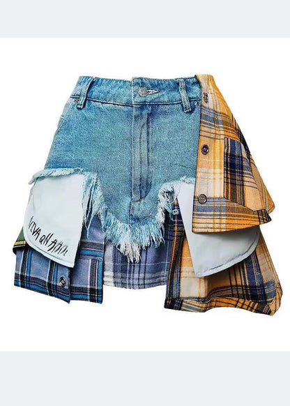 Fitted Blue Asymmetrical Patchwork Denim Skirts Summer