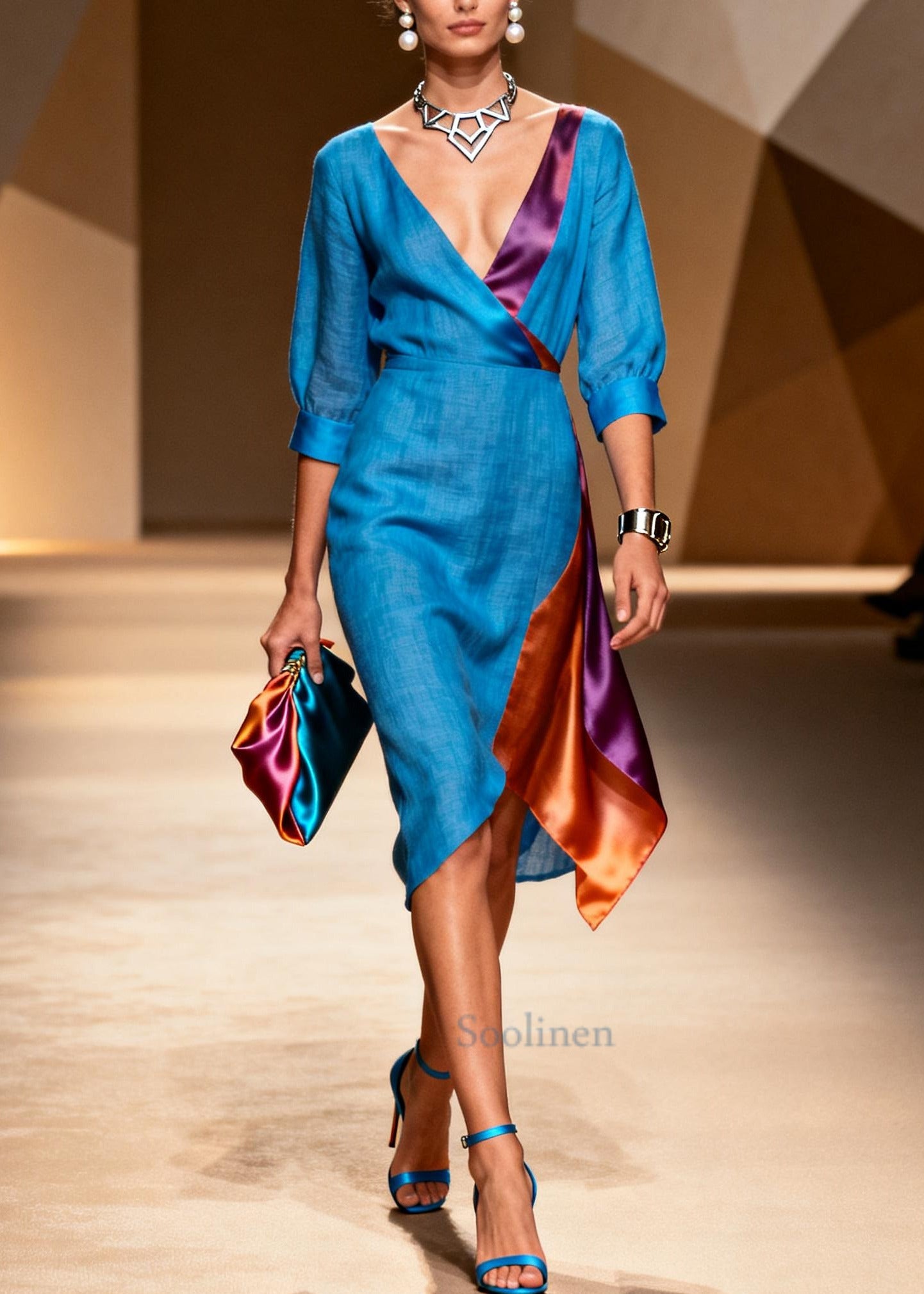 Fitted Blue Asymmetrical Patchwork Tie Dye Linen Dresses Summer