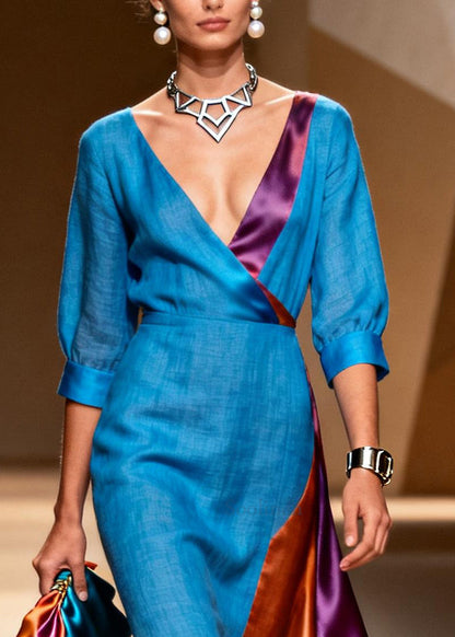 Fitted Blue Asymmetrical Patchwork Tie Dye Linen Dresses Summer