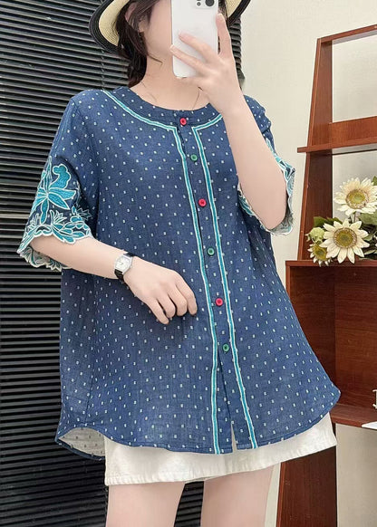 Fitted Blue Embroidered Cotton Shirt Summer
