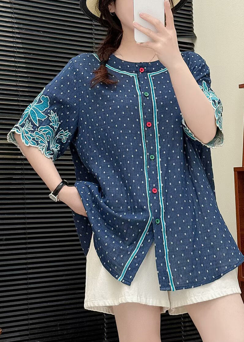Fitted Blue Embroidered Cotton Shirt Summer