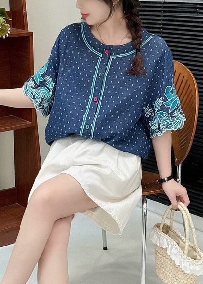 Fitted Blue Embroidered Cotton Shirt Summer