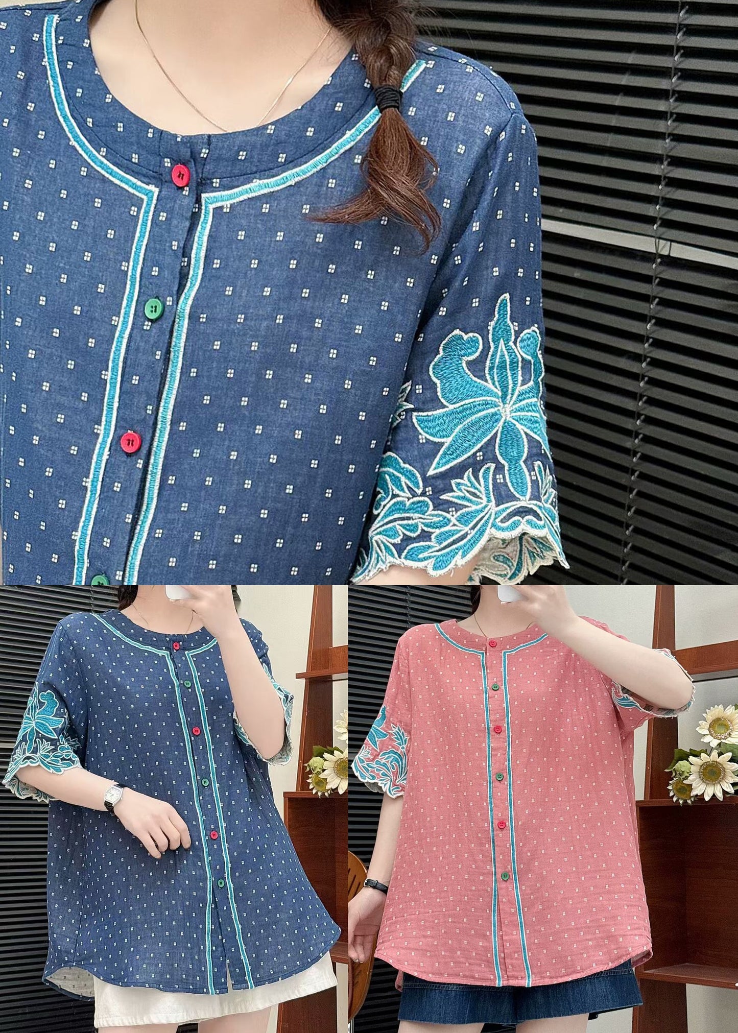 Fitted Blue Embroidered Cotton Shirt Summer