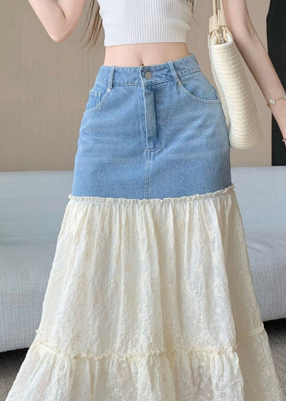 Fitted Blue Embroidered Patchwork Denim Skirts Fall