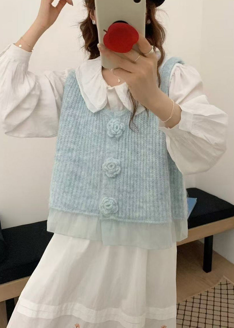 Fitted Blue Floral Patchwork Tulle Knit Vests Spring