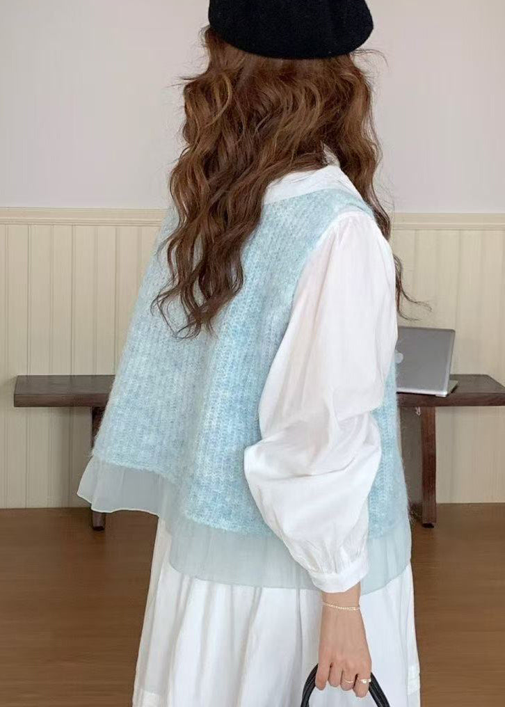 Fitted Blue Floral Patchwork Tulle Knit Vests Spring