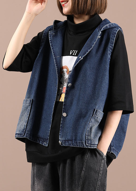 Taillierte blaue Weste mit Kapuze und Taschen