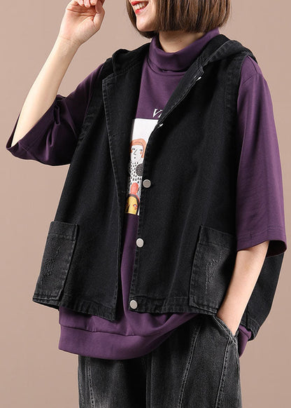 Taillierte blaue Weste mit Kapuze und Taschen