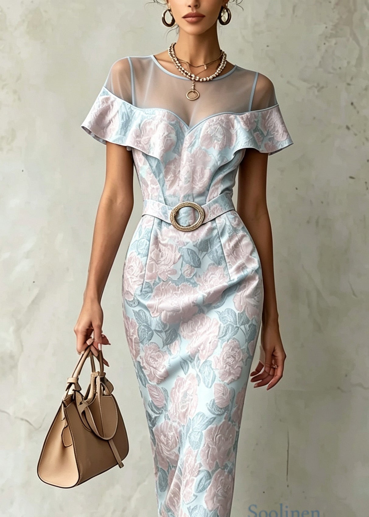 Fitted Blue Jacquard Tulle Patchwork Cotton Dress Summer