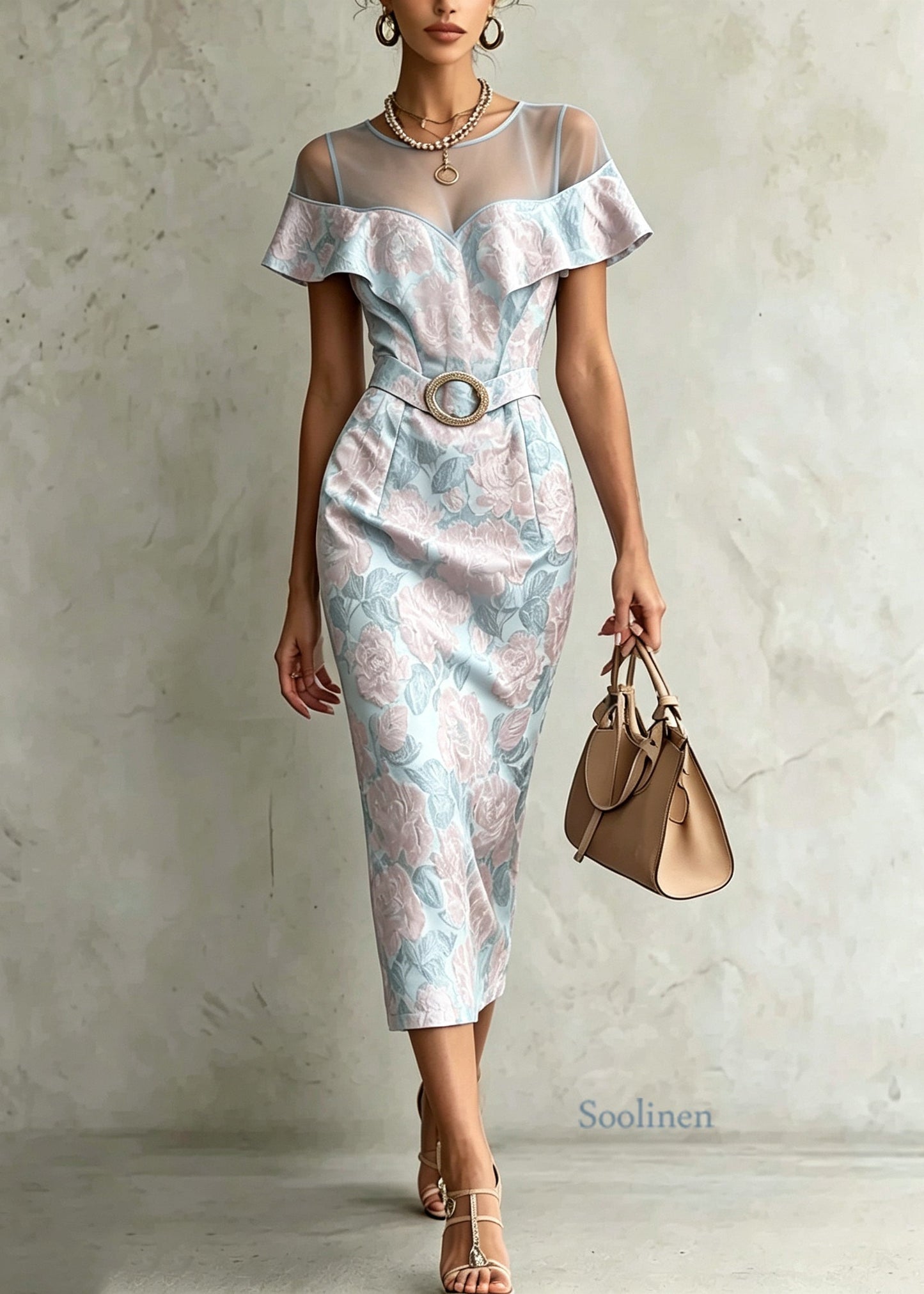 Fitted Blue Jacquard Tulle Patchwork Cotton Dress Summer