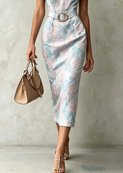 Fitted Blue Jacquard Tulle Patchwork Cotton Dress Summer