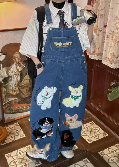 Fitted Blue Oversized Cute Animals Denim Jumpsuit Summer