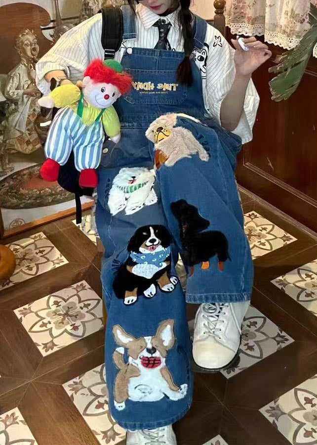 Fitted Blue Oversized Cute Animals Denim Jumpsuit Summer