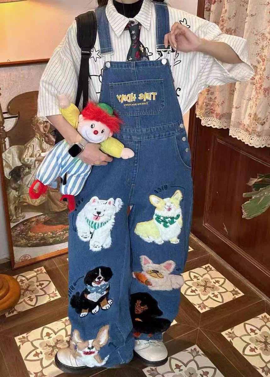 Fitted Blue Oversized Cute Animals Denim Jumpsuit Summer