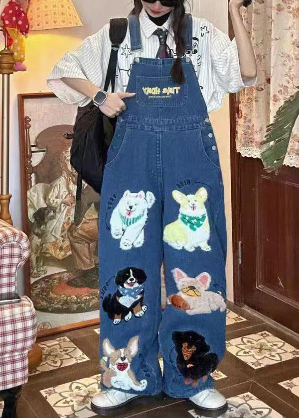 Fitted Blue Oversized Cute Animals Denim Jumpsuit Summer