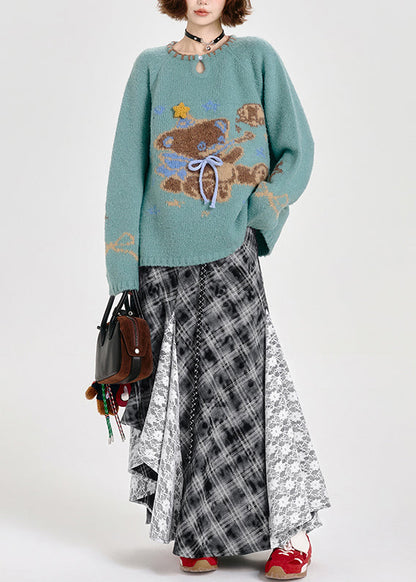 Suéter de punto azul holgado y ajustado con diseño de oso para invierno