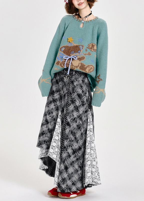 Suéter de punto azul holgado y ajustado con diseño de oso para invierno