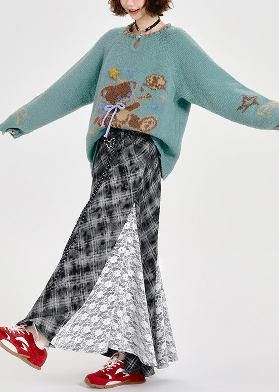 Suéter de punto azul holgado y ajustado con diseño de oso para invierno