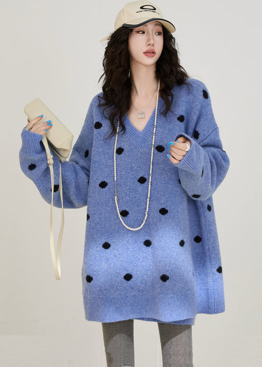 Conjunto de dos piezas de punto de lunares azules oversize ajustado para invierno
