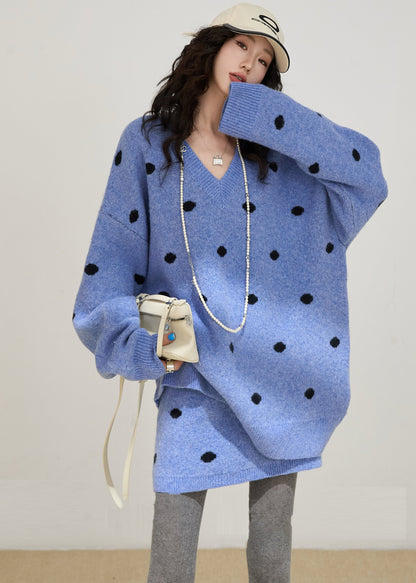 Conjunto de dos piezas de punto de lunares azules oversize ajustado para invierno