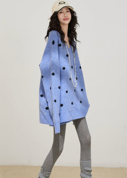 Conjunto de dos piezas de punto de lunares azules oversize ajustado para invierno