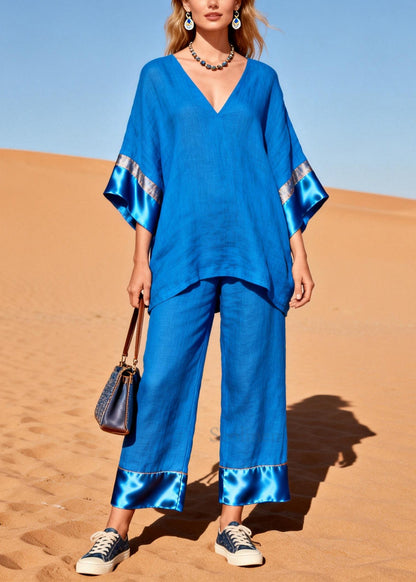 Fitted Blue Oversized Patchwork Silk Cotton Two Piece Set Women Clothing