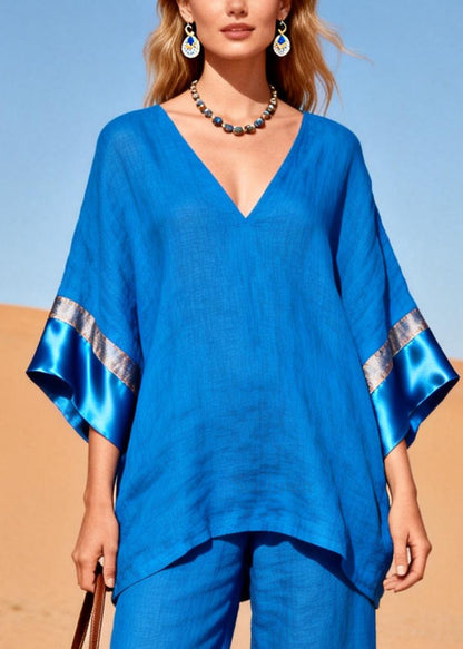 Fitted Blue Oversized Patchwork Silk Cotton Two Piece Set Women Clothing
