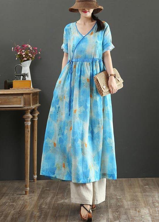 Fitted Blue Print Linen tie waist Summer Vacation Dresses - SooLinen