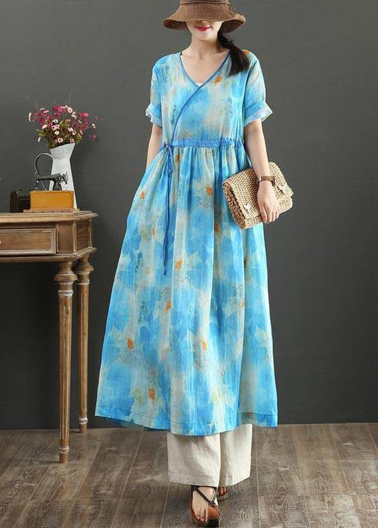 Fitted Blue Print Linen tie waist Summer Vacation Dresses - SooLinen