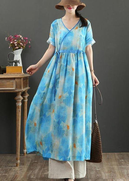 Fitted Blue Print Linen tie waist Summer Vacation Dresses - SooLinen