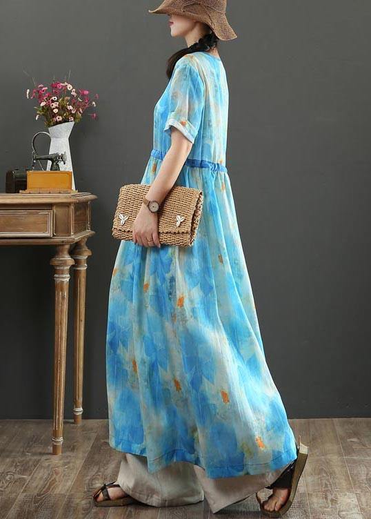 Fitted Blue Print Linen tie waist Summer Vacation Dresses - SooLinen