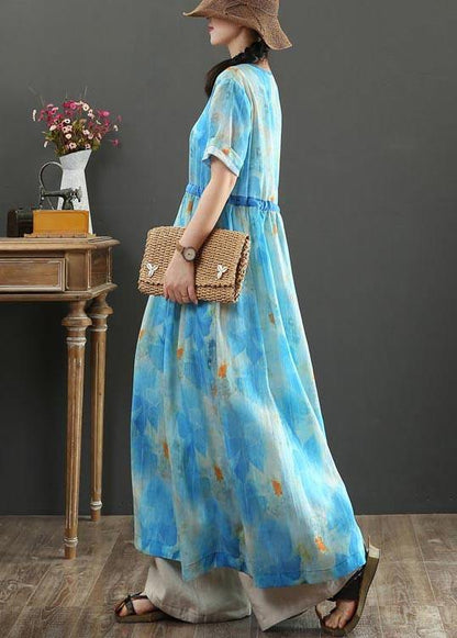 Fitted Blue Print Linen tie waist Summer Vacation Dresses - SooLinen