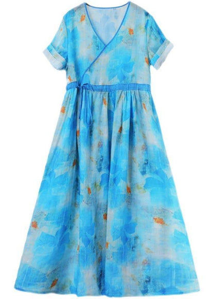 Fitted Blue Print Linen tie waist Summer Vacation Dresses - SooLinen