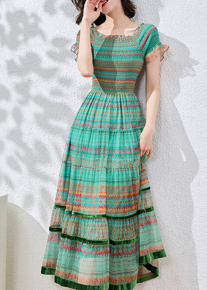 Fitted Blue Ruffled Print Patchwork Cotton Dresses Summer