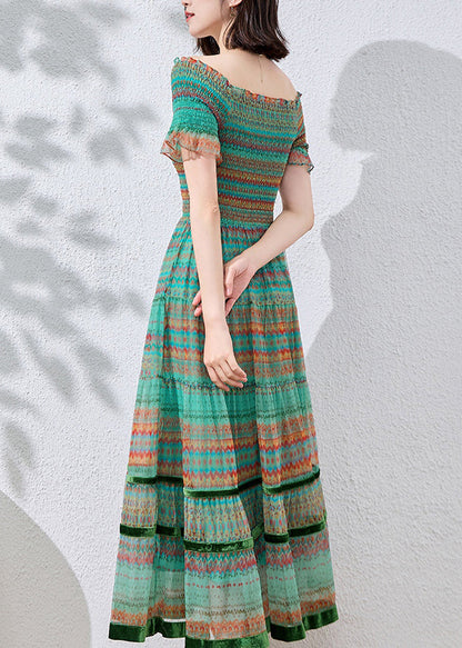 Fitted Blue Ruffled Print Patchwork Cotton Dresses Summer