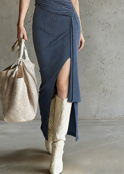 Fitted Blue U Neck Asymmetrical Wrinkled Maxi Dress Sleeveless