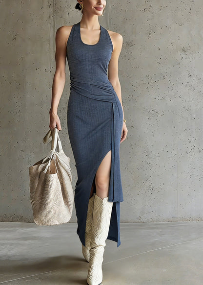 Fitted Blue U Neck Asymmetrical Wrinkled Maxi Dress Sleeveless