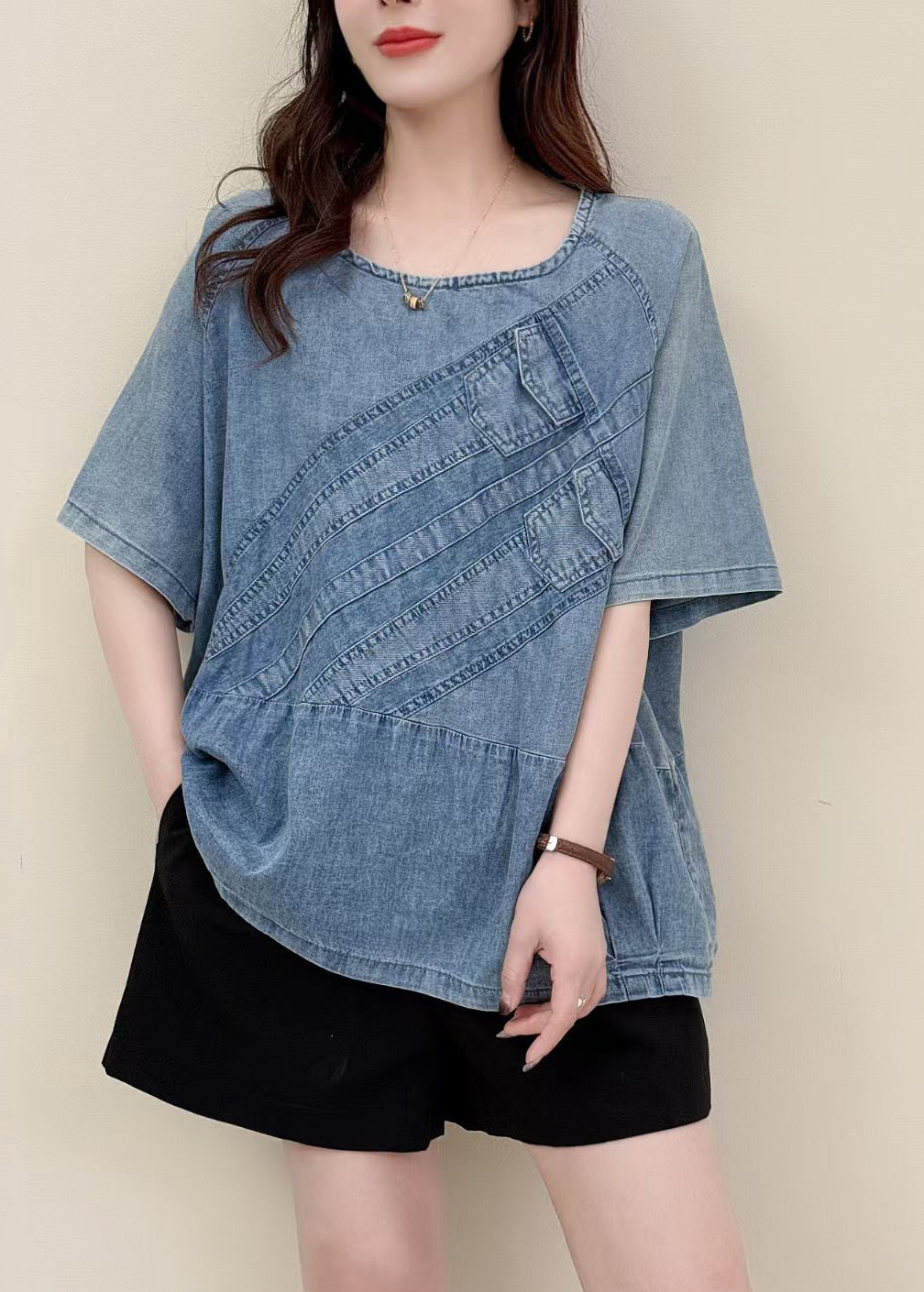 Fitted Blue U Neck Patchwork Denim Tank Summer