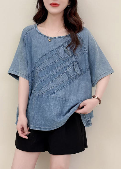 Fitted Blue U Neck Patchwork Denim Tank Summer