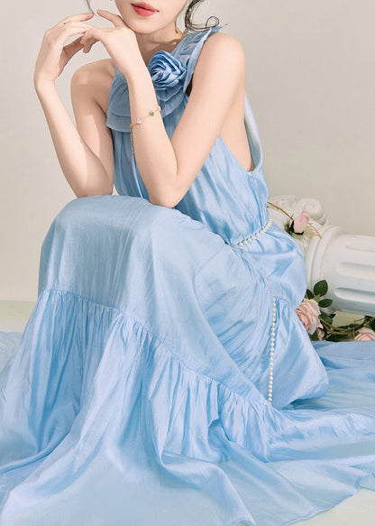 Fitted Blue Wrinkled Patchwork Tie Waist Maxi Dress Summer