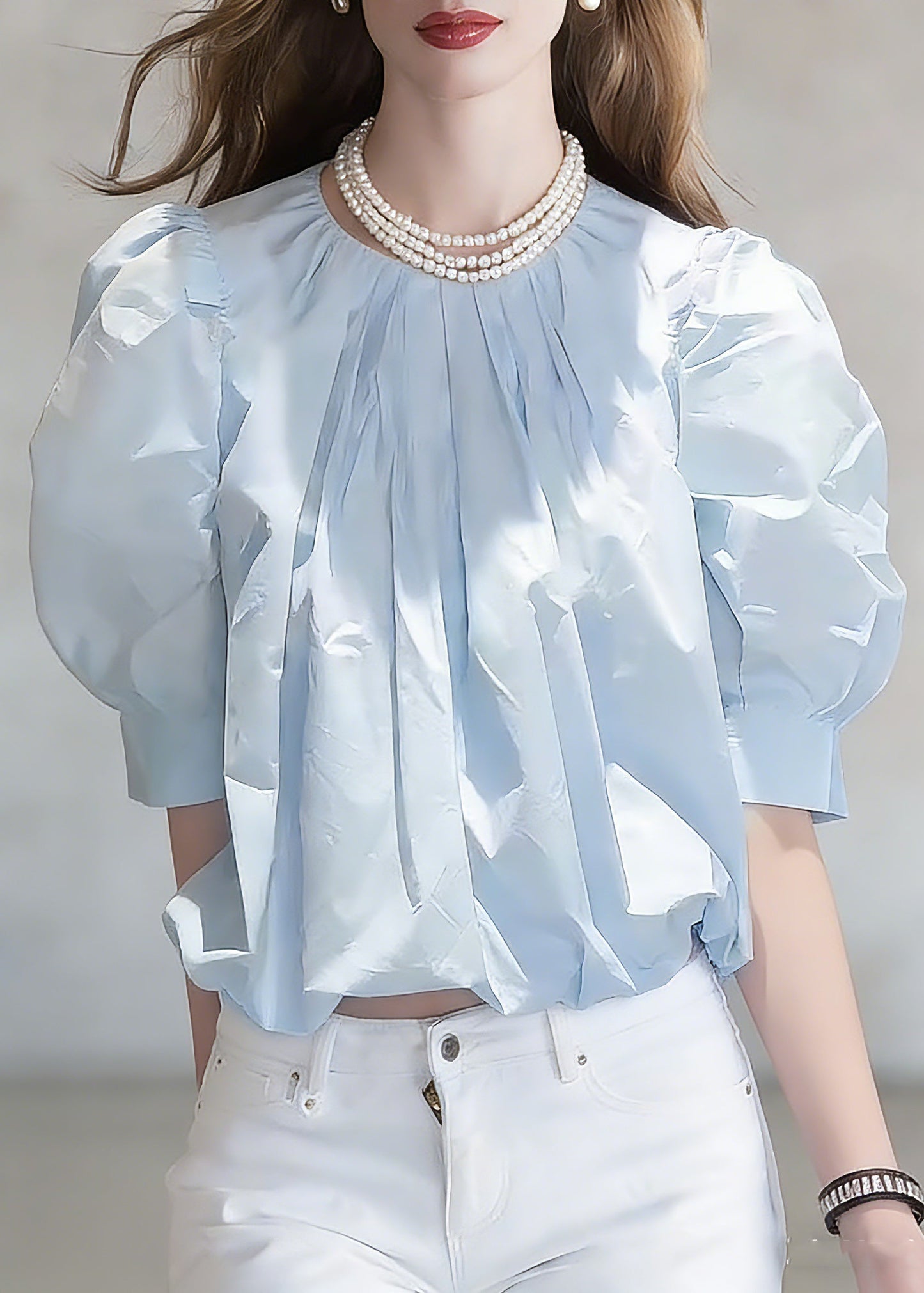 Fitted Blue Wrinkled Solid Top Short Sleeve